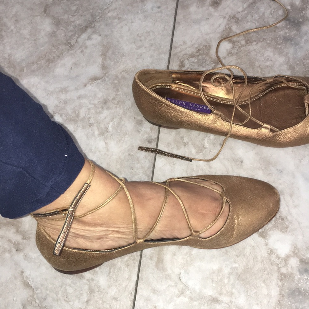 RALPH LAUREN COLLECTION BRONZE TIE UP GLADIATOR LEATHER BALLET FLATS SIZE 7.5